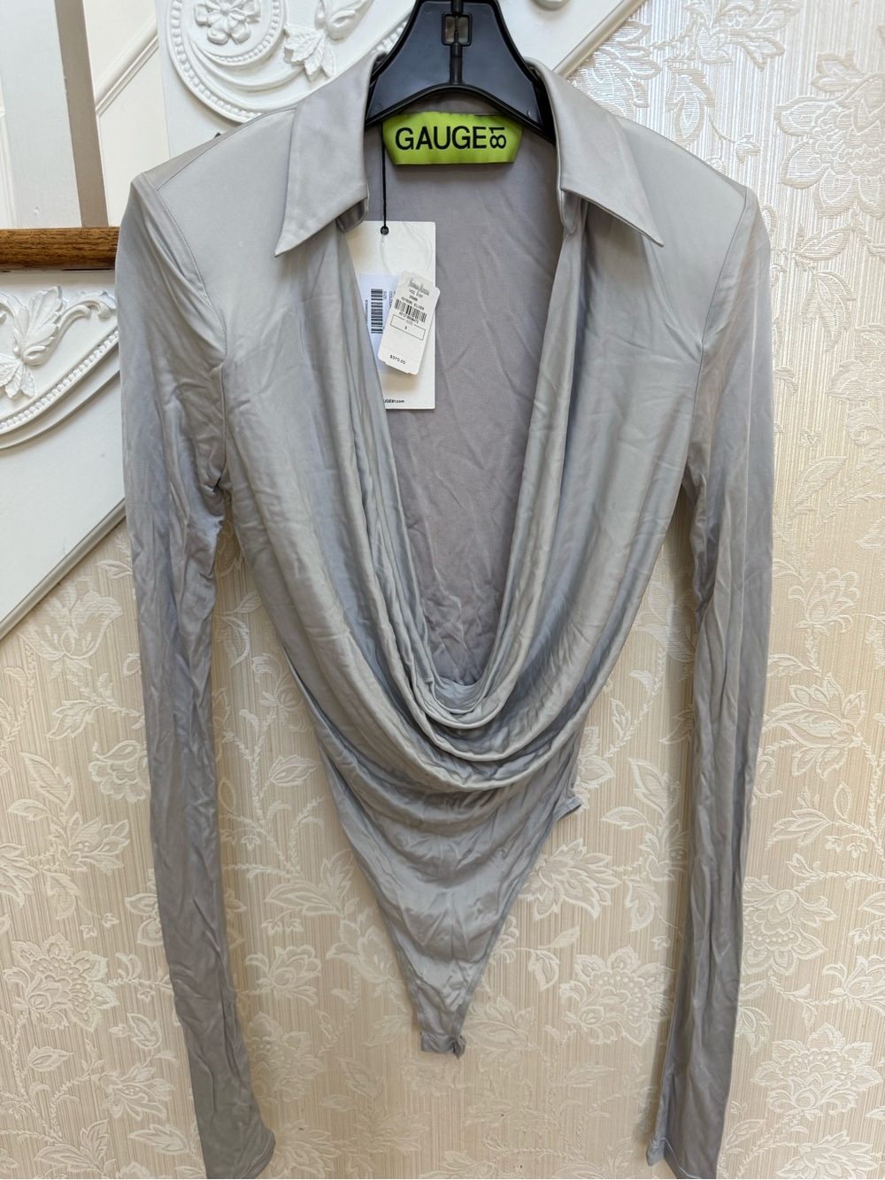 Gauge81 Silver Gray Draped Bodysuit